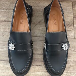 Ganni Black Loafers with Crystal Detail